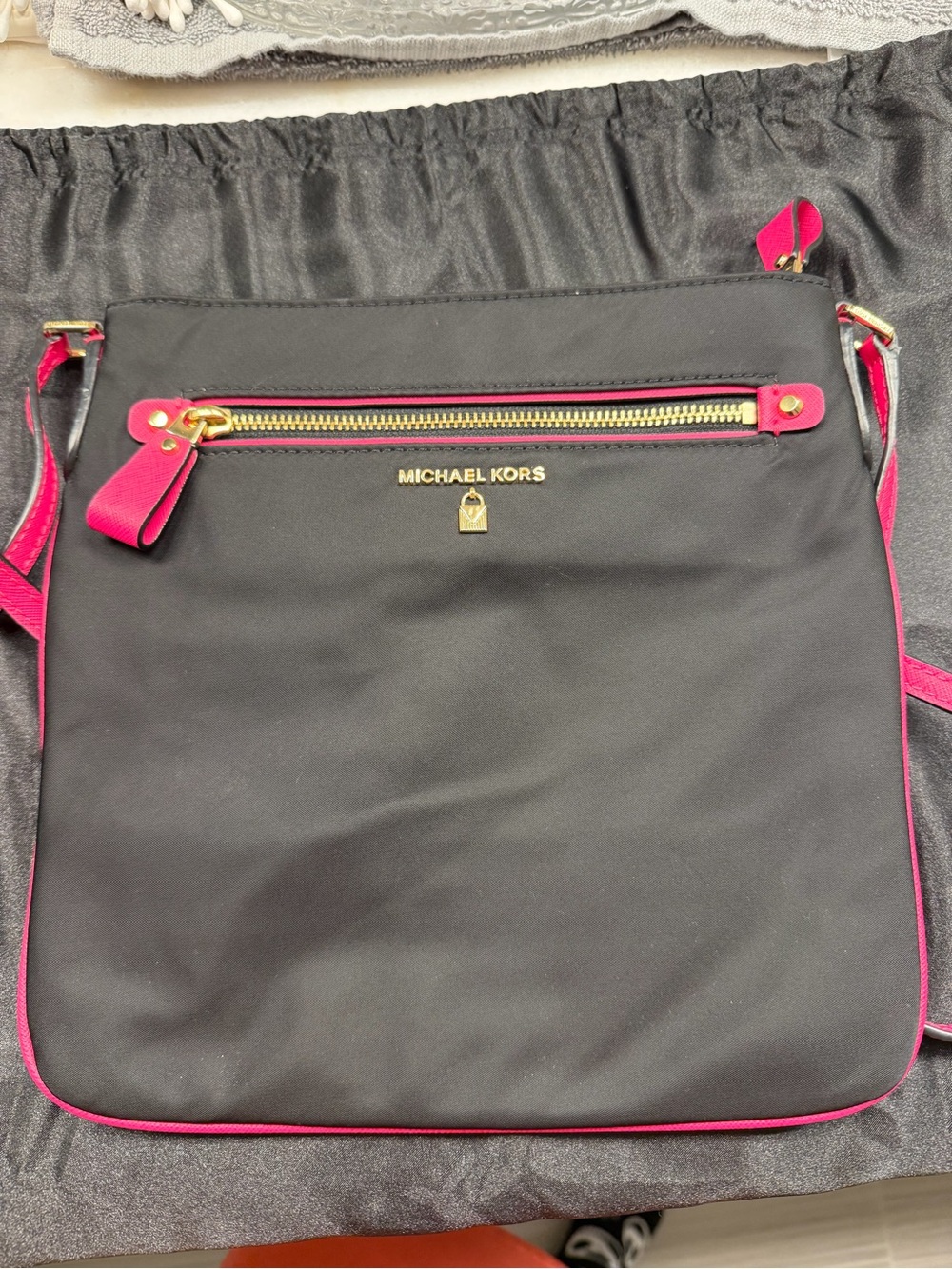Michael Kors Black Crossbody with Hot Pink Trim and Gold Hardware